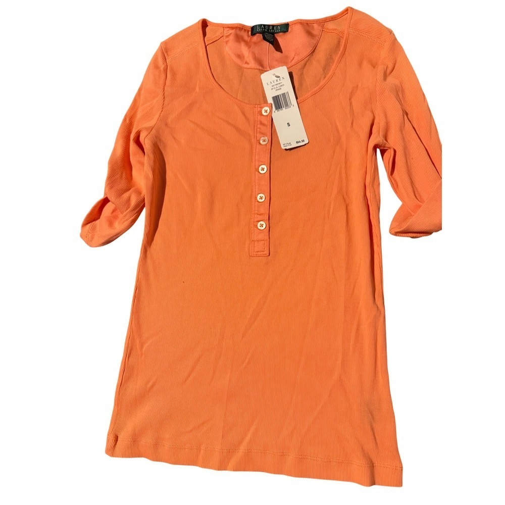 Lauren Ralph Lauren Womens Orange Ribbed Henley Roll Tab Sleeve Top S